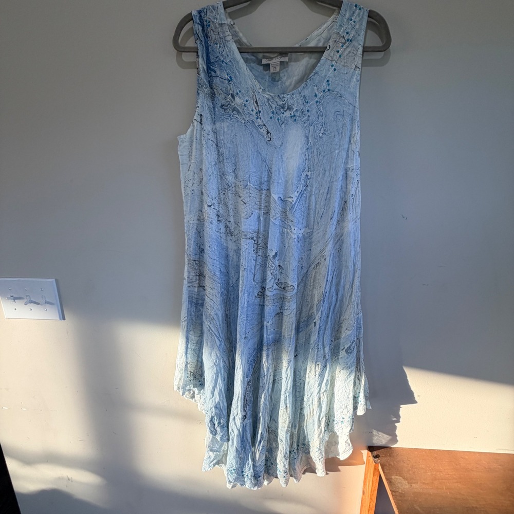 Charlie Paige Marble Print Sharkbite Hem Tunic Dress S/M Blue Flowy Coastal
